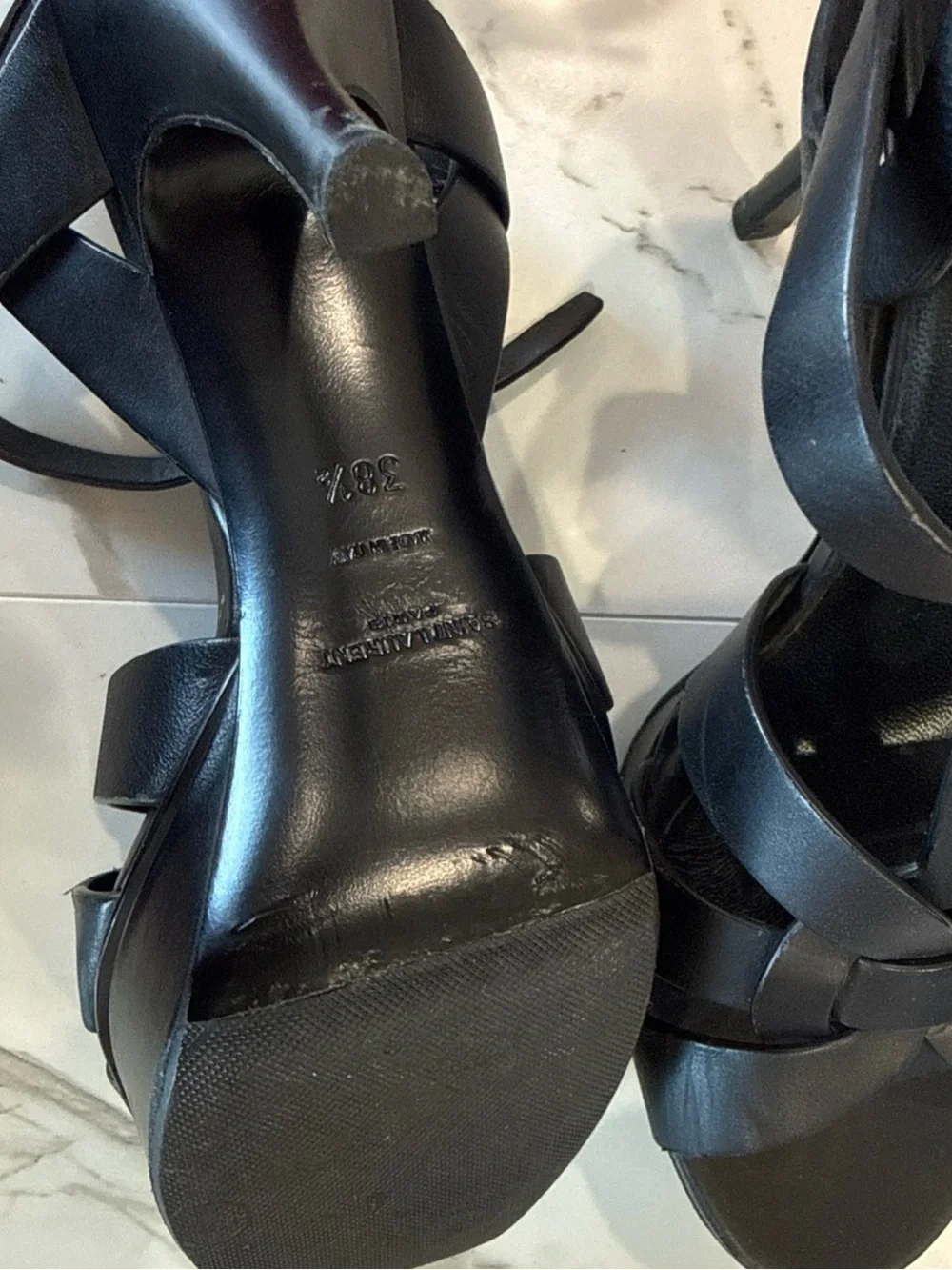 Saint Laurent Black Leather Knotted T-Strap Heels